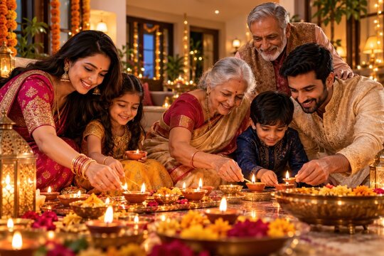 Extended Indian family joyfully lighting traditional oil lamps together during a festive evening celebration.