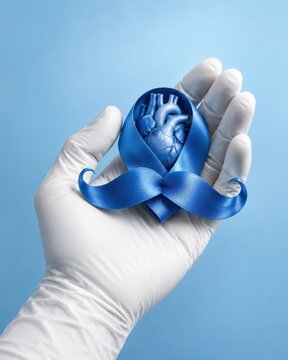 Gloved hand holding a blue anatomical heart sculpture wrapped in a awareness ribbon against a blue background.