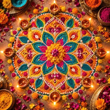 Vibrant rangoli pattern decorated with colorful powders and glowing oil lamps during festival celebrations.
