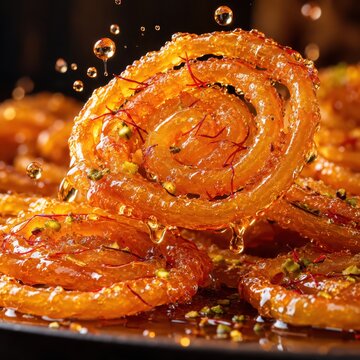 Jalebi pastry glistening with golden syrup under dramatic warm spotlight against a dark textured background.