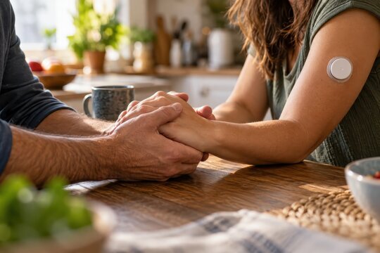 Close-up of a couple holding hands tenderly across a wooden table, highlighting a round glucose monitor sensor attached to the woman arm.