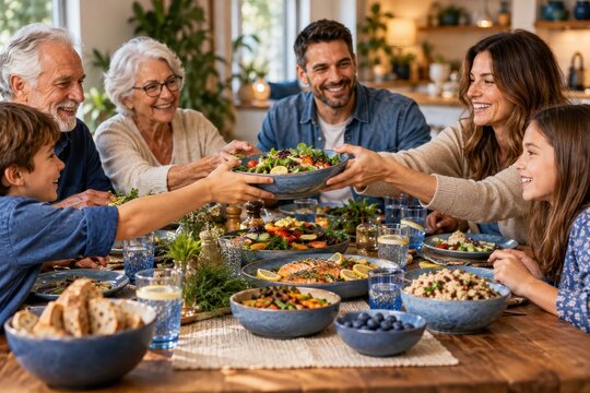 Multigenerational family gathering around a rustic wooden table, illuminated by warm indoor lighting, passing colorful bowls of fresh salad.
