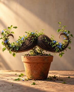 Quirky terracotta flower pot shaped like a detailed mustache sprouts lush green vines and delicate blue blossoms under warm, angled sunlight on a rustic wooden surface.