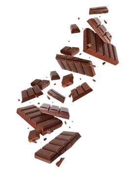 Broken dark chocolate bars pieces with crumbs scattered in the air isolated on a white background