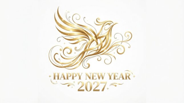 Golden phoenix illustration for Happy New Year 2027, elegant firebird with swirls, luxury holiday greeting card design, metallic gold bird isolated on White Background