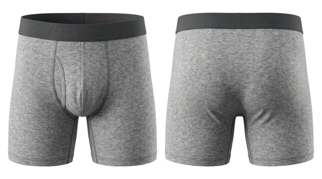 Gray mens boxer briefs shown from front and back on transparent background. Mens underwear apparel product. Everyday clothing and intimate wear. E-commerce catalog display.