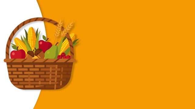Thanksgiving Harvest Picnic Basket Background Graphic with Autumn Fruits Vegetables and Wheat for Holiday Banner.