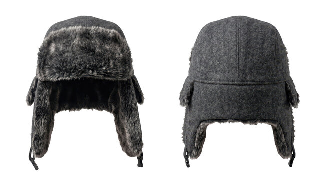 Fur lined trapper hat shown from front and back on transparent background. Winter headwear for cold weather protection. Outdoor clothing accessory. Warm insulated fashion