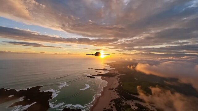 Futuristic aircraft flying through glowing clouds toward the setting sun, descending above reflective coastal waters and rugged shoreline in a cinematic aerial landscape