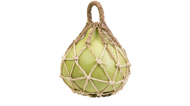 Fresh green pomelo fruit inside a rustic woven jute rope net bag