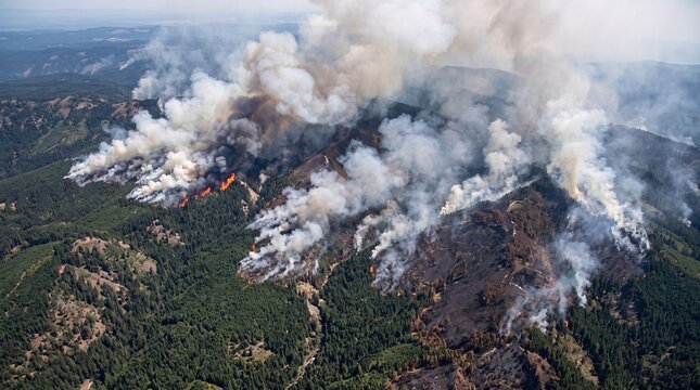 Aerial photography of a massive forest wildfire spreading through green woodland with flames smoke and burned land during an environmental emergency