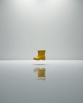 Yellow rubber boot floating above water with reflection in minimal gray setting