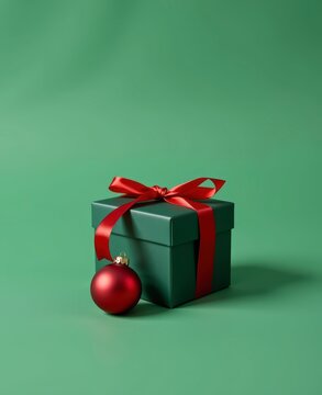 Elegant gift box with red ribbon and ornament on green background festive holiday celebration