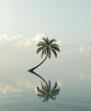 Serene palm tree with reflection on calm water in minimalist scene for relaxation background