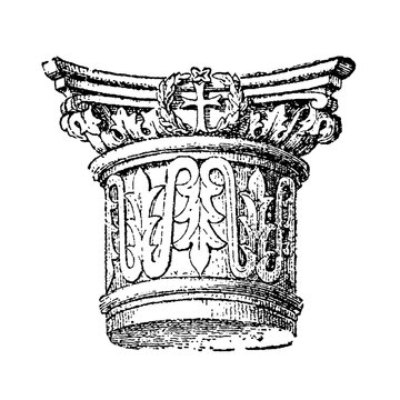 Capital from Ravenna, Byzantine architectural sculpture with acanthus leaves and a central cross, old vintage illustration, 1894
