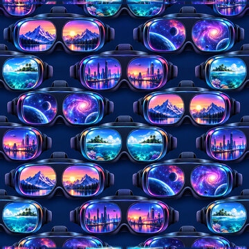 Futuristic VR headset seamless pattern, virtual reality goggles with metaverse landscapes, neon gaming tech background