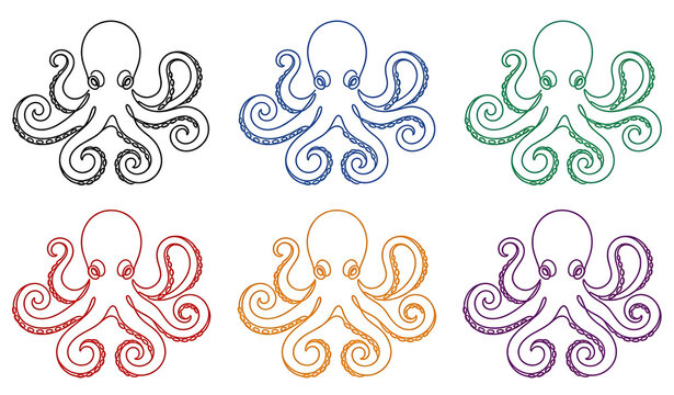 Set of six colorful octopus illustrations with intricate line art patterns isolated on a white background