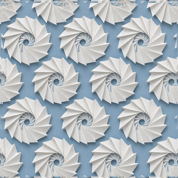Origami paper pattern with white geometric circular fans, minimalist 3D pleated paper texture on blue background, seamless architectural paper craft