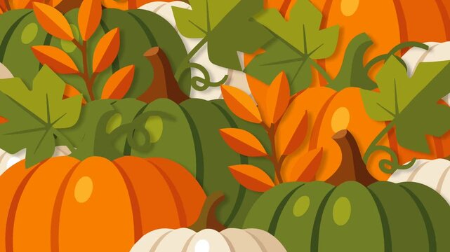 Autumn thanksgiving background with colorful animated pumpkins and leaves pattern for harvest holiday celebration motion graphic.
