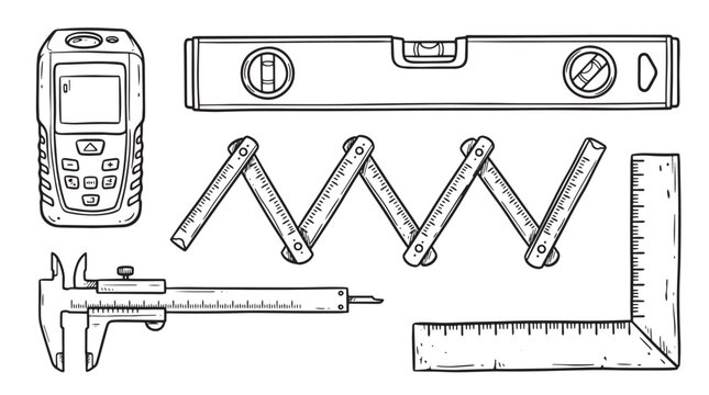 Hand drawn construction measuring tools set, vintage sketch of carpenter equipment icons, black and white industrial measurement vector