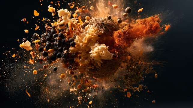Seasoning bomb bursting in mid-air, with paprika, peppercorns, garlic flakes, and dried herbs frozen in motion against a dark moody gradient background.