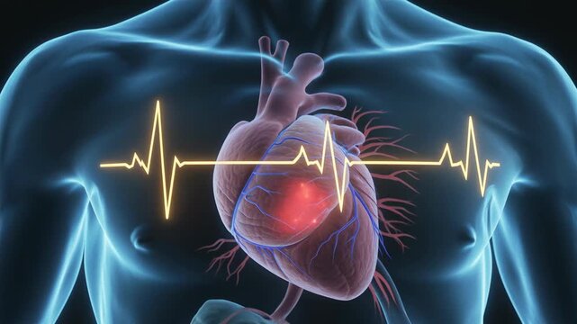 3D Illustration of a Human Heart with EKG Pulse Line and Glowing Red Area Indicating Congestive Heart Failure, Cardiovascular Disease, Heart Attack, or Arrhythmia in a Male Anatomy Chest Background