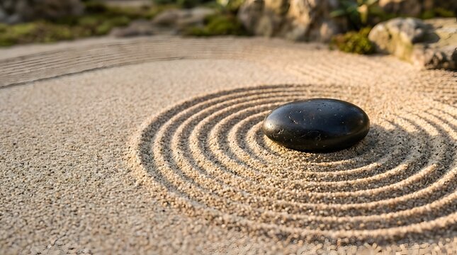 Smooth black stone centered in raked sand circular patterns for zen meditation