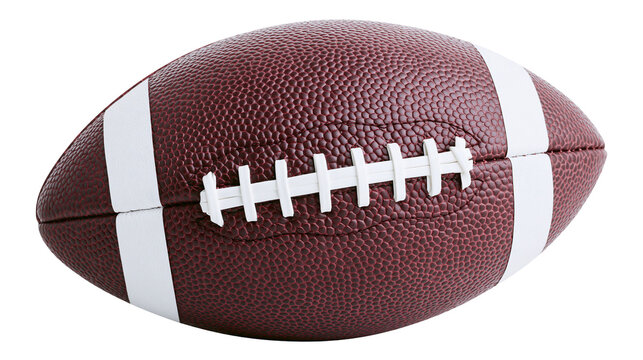 Brown leather American football with white laces and stripes
