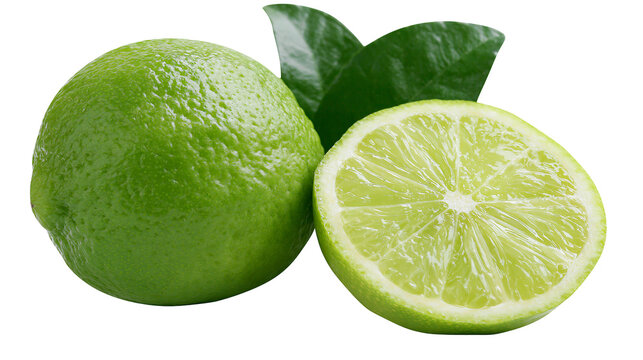 Fresh whole lime and sliced half with green leaves