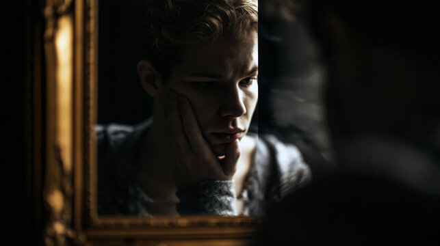 Thoughtful young man looking at his reflection in an old mirror in a dark room, expressing sadness, loneliness and self doubt