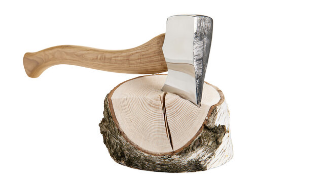 Sharp steel axe head embedded in a round birch wood log with wooden handle