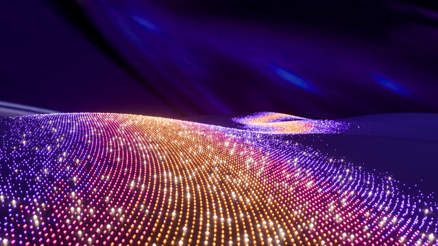 Digital landscape with glowing particles creating wave pattern