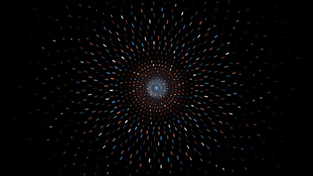 Abstract radial pattern of colorful glowing dashes on a black background