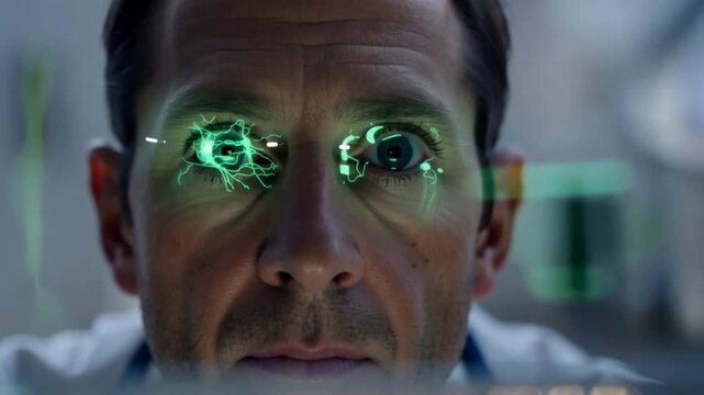 Close up of man with glowing green digital patterns across eyes as one eye opens and scans forward, futuristic medical technology concept in clinical interior