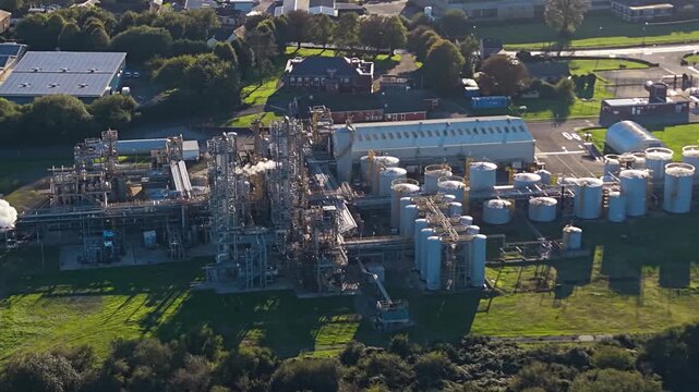 Aerial View of Industrial Chemical Factory Manufacturing Speciality Amines and Ammonia Derivatives. UK Industry.