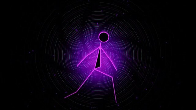 A neon pink stick figure running against a dark purple swirling vortex background