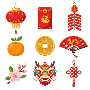 A collection of nine flat vector icons representing Chinese New Year traditions such as lanterns, dragon masks, and red envelopes, ideal for holiday designs and cultural greeting cards.
