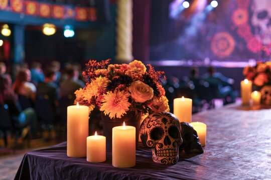 Mexican Day of the Dead Floral Altar with Decorative Skulls