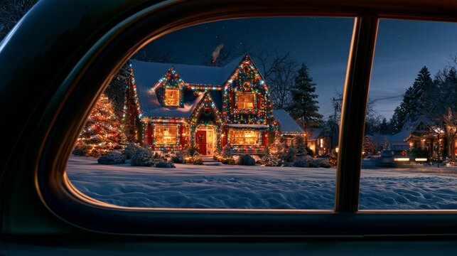 Christmas Decorated Snowy Home Viewed Through Car Window