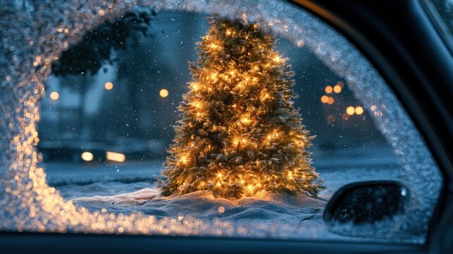 Glowing Christmas Tree Seen Through Frosted Car Window