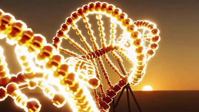 Abstract 3D animation of glowing segmented DNA helix rotating as lighting shifts from blue to fiery orange against a dark horizon