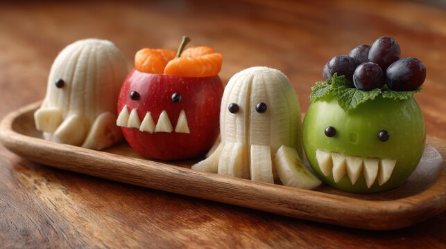 Creative Halloween Fruit Monsters on Wooden Tray, Spooky Apple and Banana Party Snacks for Kids