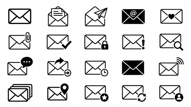  minimalist envelope icons in black and white, featuring bold outlines, thin strokes, and solid fills, symbolizing email and communication.