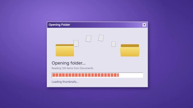 Retro desktop window showing a folder opening progress bar as paper sheets fly from one folder to another on a purple background. Seamless 10 second loop.