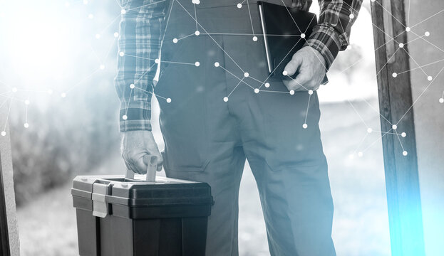 Repairman with toolbox, light effect; light effect