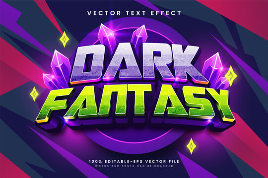 Editable vector text effect with a dark fantasy aesthetic, featuring rugged 3D lettering, neon purple highlights, and vivid lime green accents. Ideal for gaming graphics and fantasy-themed posters.