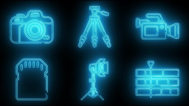 Neon Blue Professional Photography Video Production and Editing Equipment : DSLR camera, tripod, video camera, SD memory card, studio light, video editing timeline   