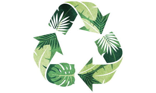 Green tropical leaf recycling icon, sustainable environmental symbol with palm and monstera foliage, organic eco-friendly conservation sign isolated on Transparent Background