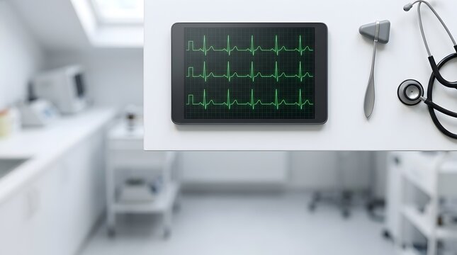 Digital tablet displaying green heart rhythm graph with medical tools on table