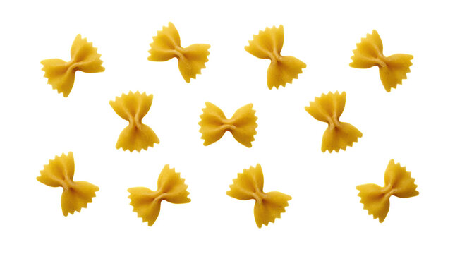 Raw farfalle bowtie pasta pieces arranged in a group pattern